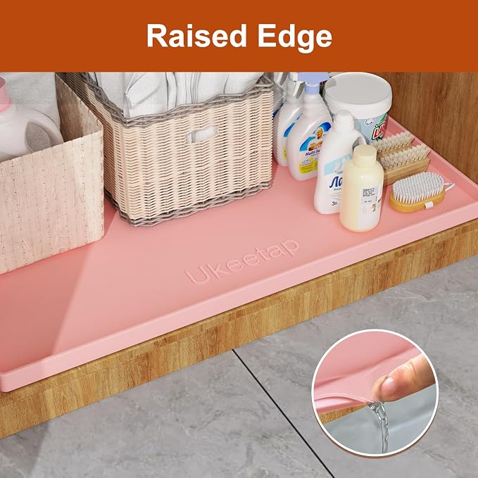 ukeetap 22" x 19" Extra Thick Silicone Mat Waterproof with Raised Edge, Under Sink Mat for Kitchen & Bathroom, Kitchen Cabinet Liner, Multi-Purpose for Storage & Protection, Pink