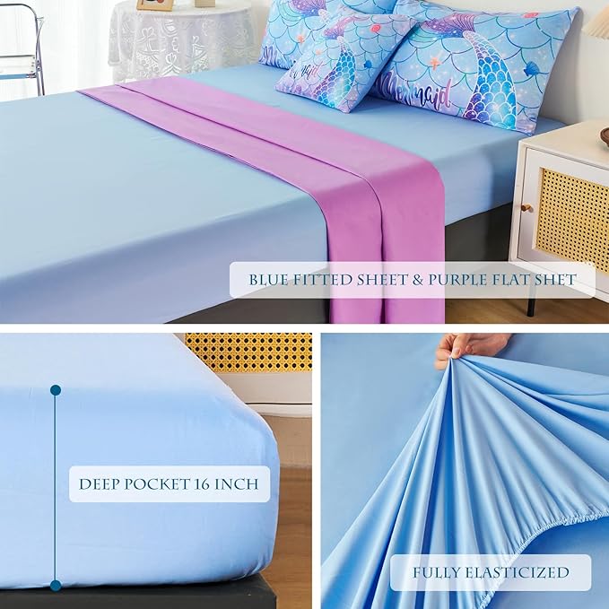 URBONUR 6 Piece Mermaid Tail Comforter Set Full Size, Mermaid Fish Scale Bedding Set for Girls Ombre Purple Blue Sparkle Comforter with Sheets Set Soft All Season Room Decor Bed Set