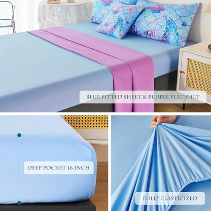 URBONUR 6 Piece Mermaid Tail Comforter Set Full Size, Mermaid Fish Scale Bedding Set for Girls Ombre Purple Blue Sparkle Comforter with Sheets Set Soft All Season Room Decor Bed Set