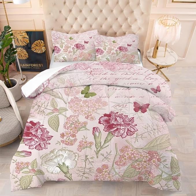 kxry Pink Flower Comforter Sets Butterfly Bedding Sets Queen Size Comforter Set for Girls Women Kids 1 Comforter + 2 Pillow Case