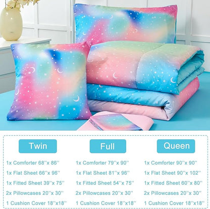 URBONUR Queen Size Comforter Set, Rainbow Stars Queen Bedding Set for Teen Girls Women, 6 Pieces Comforter, Flat Sheet, Fitted Sheet & Pillowcases