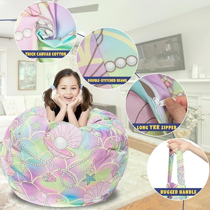 Stuffed Animal Storage Bean Bag Chair Cover, Hold Kids Plush Toys Blankets Towels Beanbag (Cover Only), Canvas Floor Circle Stuff Sit Seat Sofa with YKK Zipper, Large 32", Pink Shell