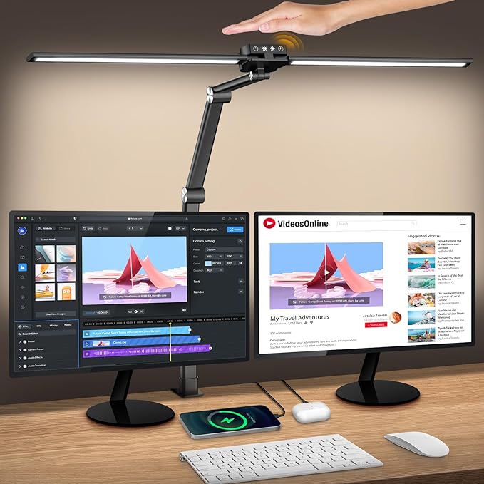 Syrinx Desk Lamp, Architect Desk Lamps for Home Office with Gesture Sensor Switch, 24W Bright Double Head Table Lamp with Clamp, Touch Control, Timer, 5 Dimming and 3 Tempering LED Desk Light