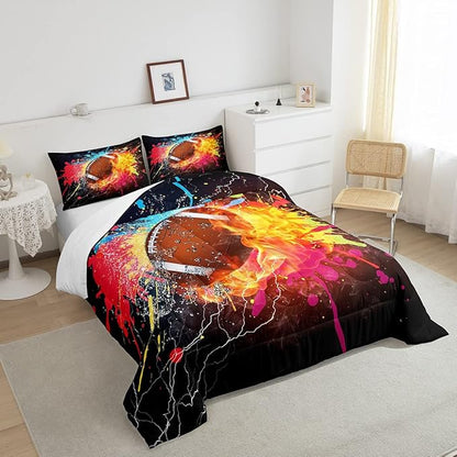 Erosebridal Football Full Size Comforter Set for Teen Boys Kids Hippie Tie Dye Sports Football Bedding Sets Rugby Bed Quilt Set 1 Comforter and 2 Pillow Cases Colorful Sport Theme Bedroom Decor