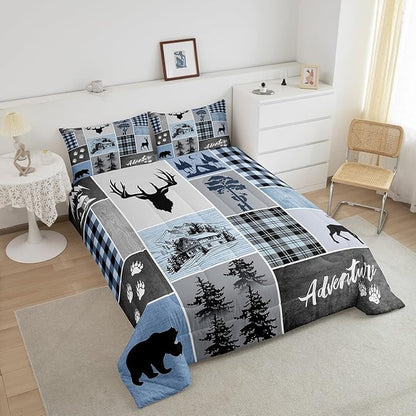 Manfei Deer Antler Comforter Set Full Size,Bear Paws Rustic Farmhouse Xmas Bedding Set for Kids Boys Girls Adults Room Decor,Plaids Patchwork Adventure Down Comforter,Blue Duvet Insert,2 Pillowcases