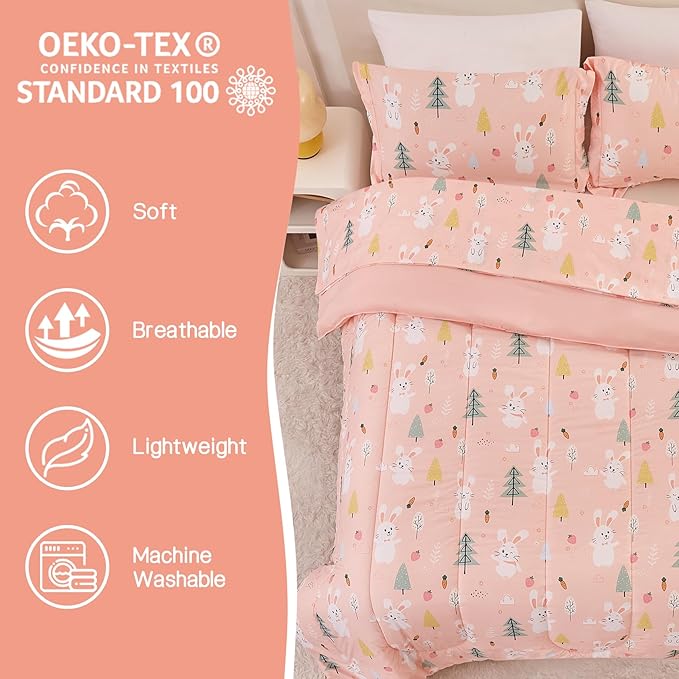 Pink Bunny Kids Comforter Set for Girls Full Size, Cute Reversible Quilted Printed Woodland Bedding Set with Pillow Sham, Lightweight Soft Breathable Machine Washable Bed Set 3 Piece
