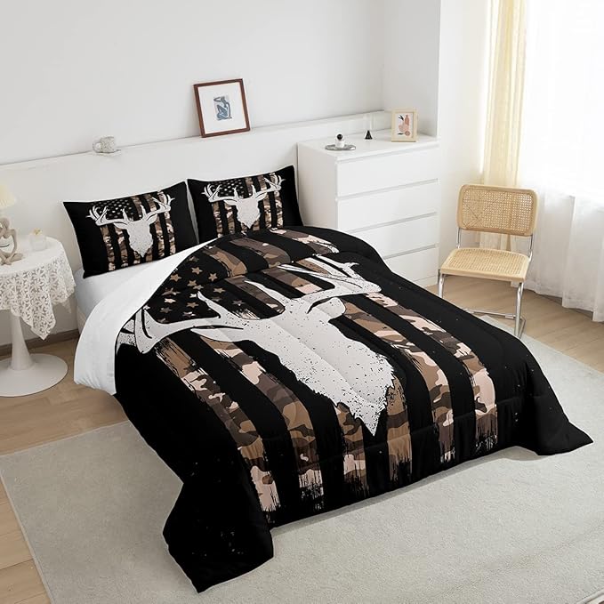 Erosebridal American Flag Comforter Set, Deer Hunting Bedding Twin Size for Kids Boys Teens Bedroom, Brown Military Camo Bedding Comforter Sets USA Federations Stars Duvet Insert with 1 Pillowcase