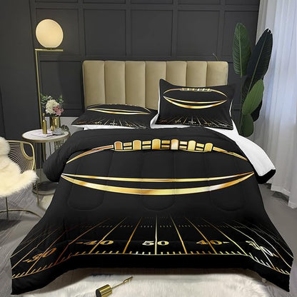 Bodhi Boys Comforter Twin, Black and Gold Football Bedding Set, Machine Washable, 2 Pieces