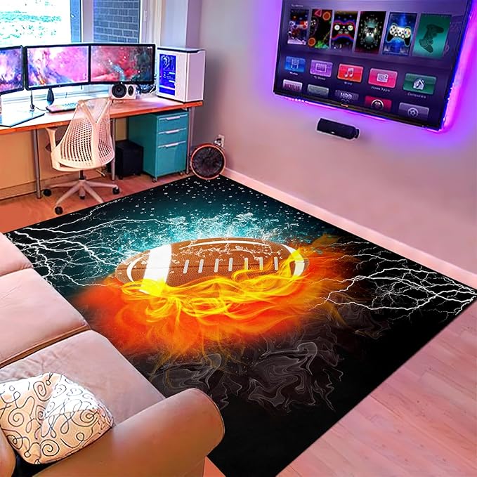 Football Rug Football Decor for Boys Bedroom Football Rug Water and Fire Cool Room Decoration Soccer Rug for Boys Room Football Printed Rug for Kids Room Playmat Rugs for Kid Room Living Room,2'5''×4'