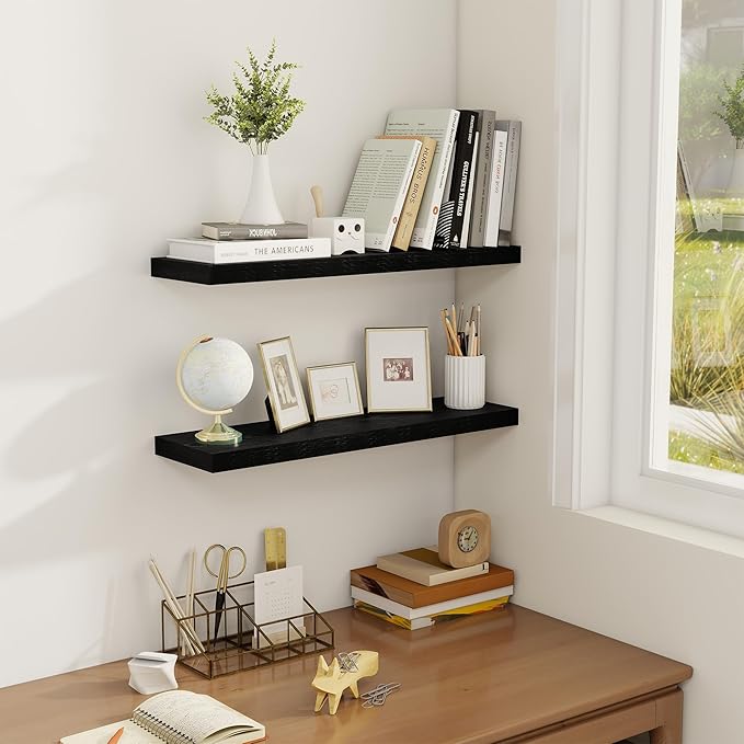 Fun Memories Floating Shelves for Wall, 24" Rustic Wood Deep Wall Mounted Shelves with Invisible Brackets for Decor & Storage, Floating Shelf for Living Room, Bathroom (Black, Set of 2)