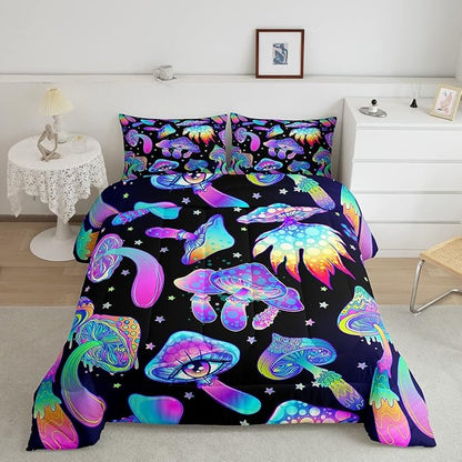 Mushroom Comforter Set King,Kawaii Trippy Botanical Bedding Set Psychedelic Plant Down Comforter for Kids Girls Teens Women Cartoon Cute Mushroom Room Decor Quilt Duvet Set with 2 Pillow Cases Black
