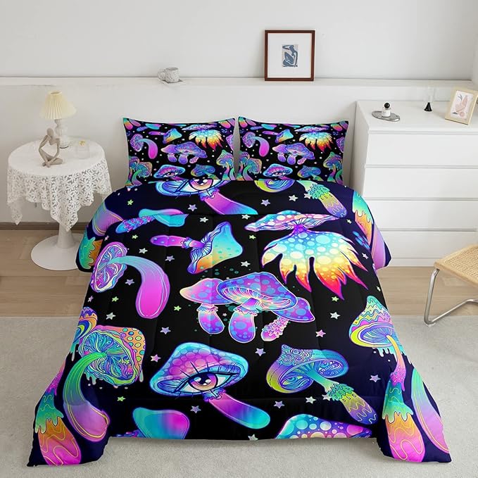 Mushroom Comforter Set Queen,Kawaii Trippy Botanical Bedding Set Psychedelic Plant Down Comforter For Kids Girls Teens Women Cartoon Cute Mushroom Room Decor Quilt Duvet Set With 2 Pillow Cases Black