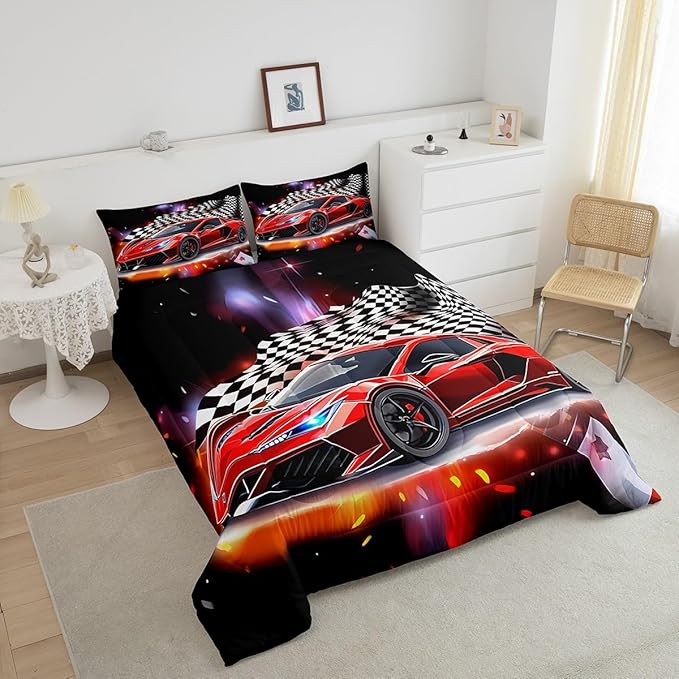 Feelyou Speed Sports Car Comforter Set Full Size Extreme Sports Bedding Set for Kids Boys Girls Decor Red Comforter Microfiber Checkerboard Quilt Set Bedroom Bedclothes…