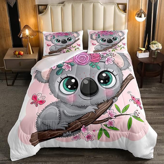 Erosebridal Cartoon Koala Comforter Set Full Size, Cute Koala Bedding Set, Cherry Blossom Rose Quilted Duvet for Kids Baby Toddler, Nursery Quilt Set, Butterfly Branch Leaves Duvet Set