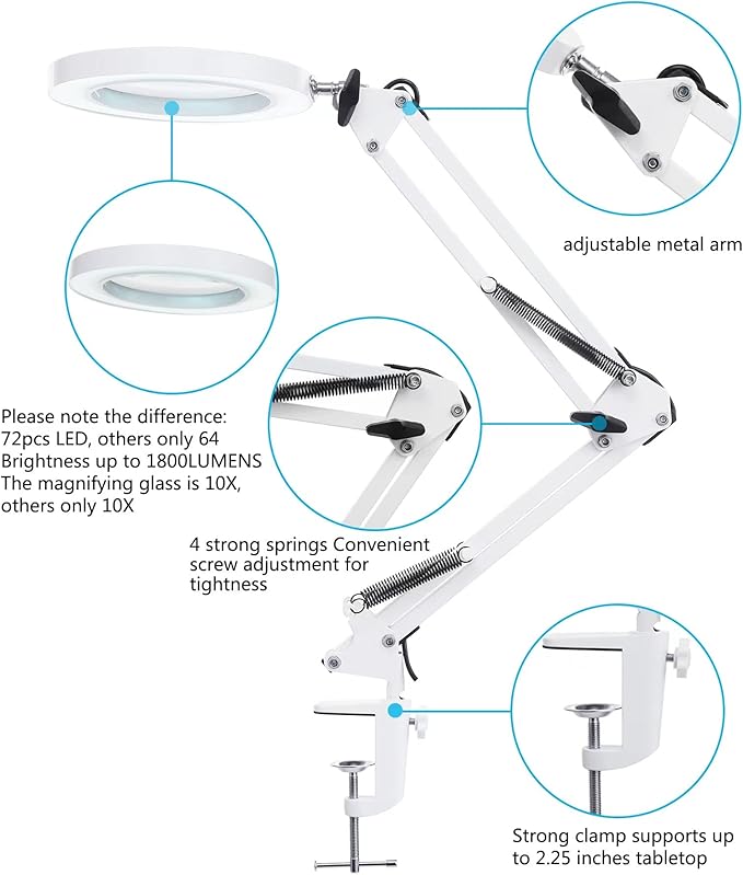 LED Magnifying Lamp with Clamp, 8-Diopter, 10X Real Glass Lens, 3 Color Modes and Stepless Dimmable Magnifier Desk Lamp,Adjustable Swivel Arm Lighted Magnifying Glass for Repair Craft Close Work-White
