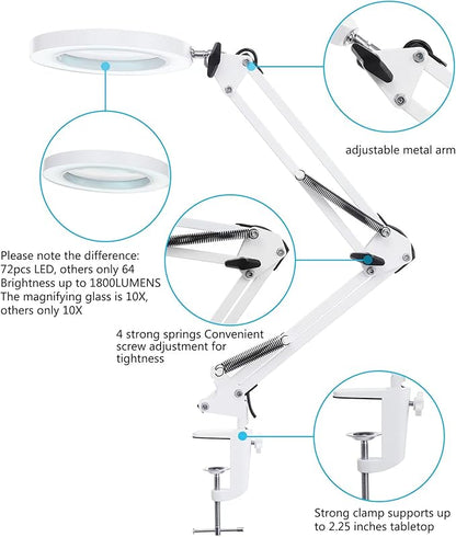 LED Magnifying Lamp with Clamp, 8-Diopter, 10X Real Glass Lens, 3 Color Modes and Stepless Dimmable Magnifier Desk Lamp,Adjustable Swivel Arm Lighted Magnifying Glass for Repair Craft Close Work-White