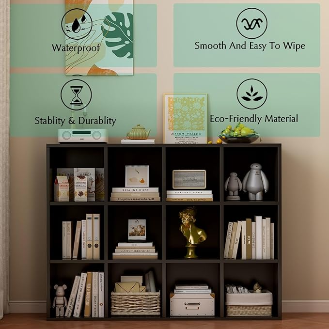 12-Cube Storage Shelf Bookcase - Wooden 3-Tier Floor Standing Open Bookshelf for Home and Office, Display Cabinet, Black