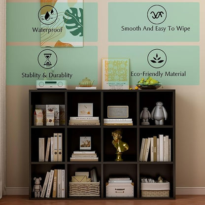 12-Cube Storage Shelf Bookcase - Wooden 3-Tier Floor Standing Open Bookshelf for Home and Office, Display Cabinet, Black