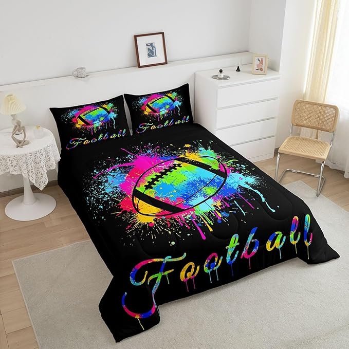 Feelyou Kids Football Comforter Set King Size Rugby Sports Game Bedding Set for Boys Girls Teens Bedroom Decor Tie Dye Comforter Women Men Soccer Player Duvet Set with 2 Pillow Case