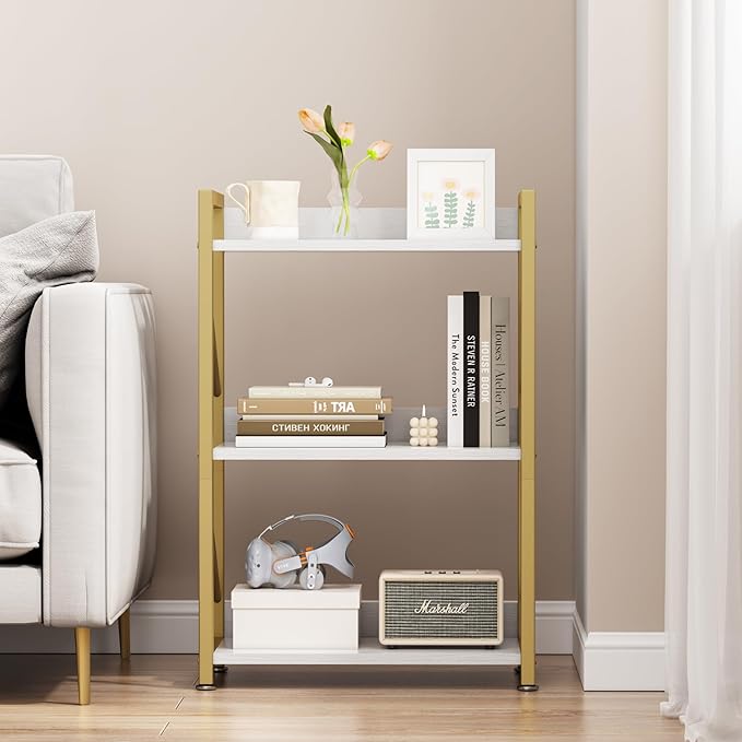 Small Bookshelf for Small Spaces, 3 Tier Bookcase, Narrow Gold Book Shelf, Small Shelf Open Display Rack for Bedroom, Living Room, Home Office,White&Gold