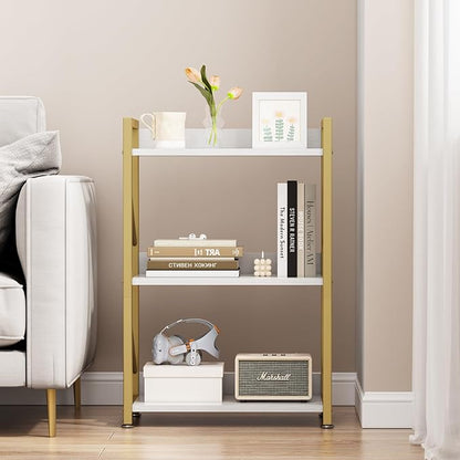 Small Bookshelf for Small Spaces, 3 Tier Bookcase, Narrow Gold Book Shelf, Small Shelf Open Display Rack for Bedroom, Living Room, Home Office,White&Gold