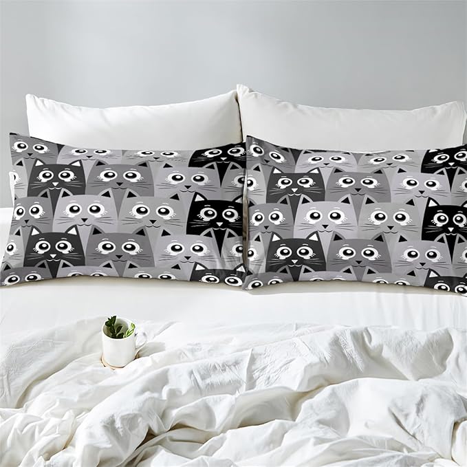 Cartoon Cat Bedding Set - 3Pcs Cute Cat Comforter Set for Bedroom Kids Boys Girls Cat Bedding Decor for All-Season Kawaii Kitten Pattern Lovely Animal 1 Cat Comforter with 2 Pillowcases, Full Size