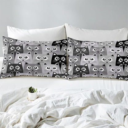 Cat Queen Comforter Set for Bedroom - 3Pcs Grey Cat Comforter Set for Teens Kids Cute Cartoon Cat Bedding Set Ultra Soft Warm Lightweight Kawaii Animal Patterns Comforter with 2 Pillowcases