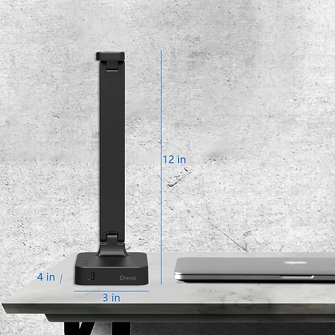 Drevet LED Desk Lamp, Desk Light with 1 USB Charging Port and 2 AC Power Outlet, 3 Lighting Modes, 3 Level Brightness,1H Timer, Touch Control, Eye-Caring Home Office Foldable Table Lamp (Black)