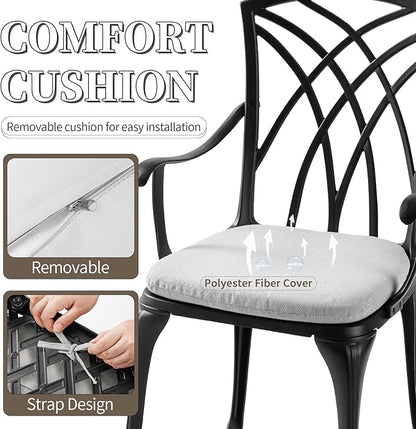 3 Piece Bistro Table Set Cast Aluminum Outdoor Bistro Table and Chairs Set of 2 with Cushion,Patio Bistro Sets with 1.97" Umbrella Hole,Metal Bistro Patio Set for Garden,Black