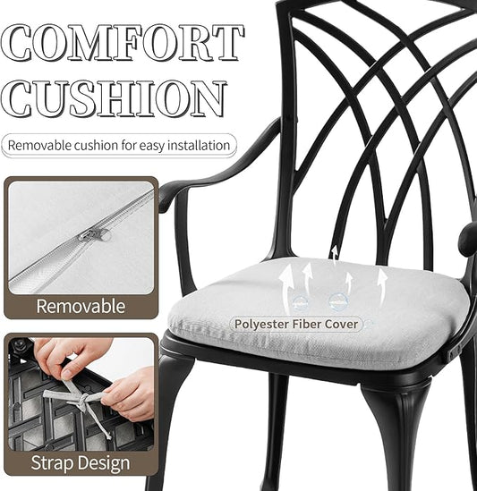 3 Piece Bistro Table Set Cast Aluminum Outdoor Bistro Table and Chairs Set of 2 with Cushion,Patio Bistro Sets with 1.97" Umbrella Hole,Metal Bistro Patio Set for Garden,Black