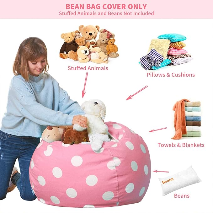 Aubliss Stuffed Animal Bean Bag Storage Chair (Light Pink Dot, Large (38''))