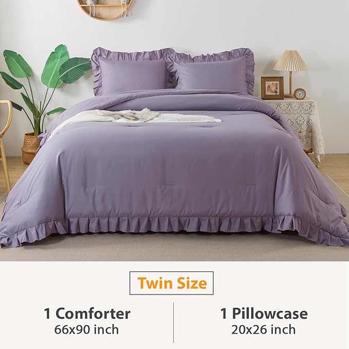 Andency Grayish Purple Ruffle Comforter Set Twin, 2 Pieces Kids Comforter Set Twin(66x90Inch), Lightweight Soft Shabby Chic Bedding Comforter Sets All Season Bed Set for bedrooms