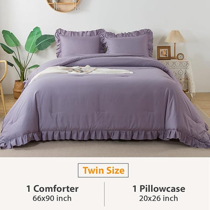 Andency Grayish Purple Ruffle Comforter Set Twin, 2 Pieces Kids Comforter Set Twin(66x90Inch), Lightweight Soft Shabby Chic Bedding Comforter Sets All Season Bed Set for bedrooms