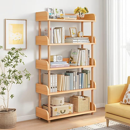 5-Tier Wooden Open Bookcase - Modern Display Bookshelf with Top Edge and Solid Wood Frame for Home and Office, Storage Cabinet, Oak