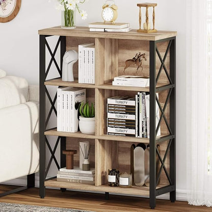 FATORRI Rustic 6 Cube Storage Organizer Shelf, Wood and Metal Cubby Bookcase, Industrial 4 Tier Cube Bookshelf (Rustic Oak)