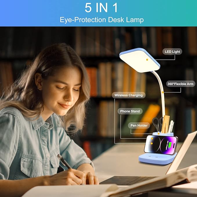 Sailstar Small Desk Lamp, Kids Desk Lamp with Pen Holder, Wireless Charger LED Desk Lamps for Home Office, 800LM Gooseneck 3 Modes Dimmable Touch Cute Desk Lamp, Blue Study Lamp for College Dorm Room