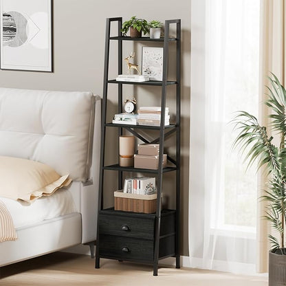 Furologee 5-Tier Ladder Shelf with 2 Drawers,Narrow Bookshelf Storage Shelves,Industrial Bookcase Freestanding Shelf Units for Bedroom,Living Room,Bathroom,Home Office,Balcony,Wood Metal, Black Oak