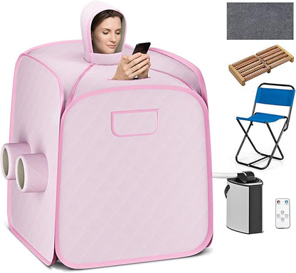 COSTWAY Portable Steam Sauna, Remote Control, 3L Steamer, Foldable Sauna Spa with 9 Temperature and 90 Mins Timer, Atomization, Personal Sauna Hat Tent for Detox Relaxation (Pink)