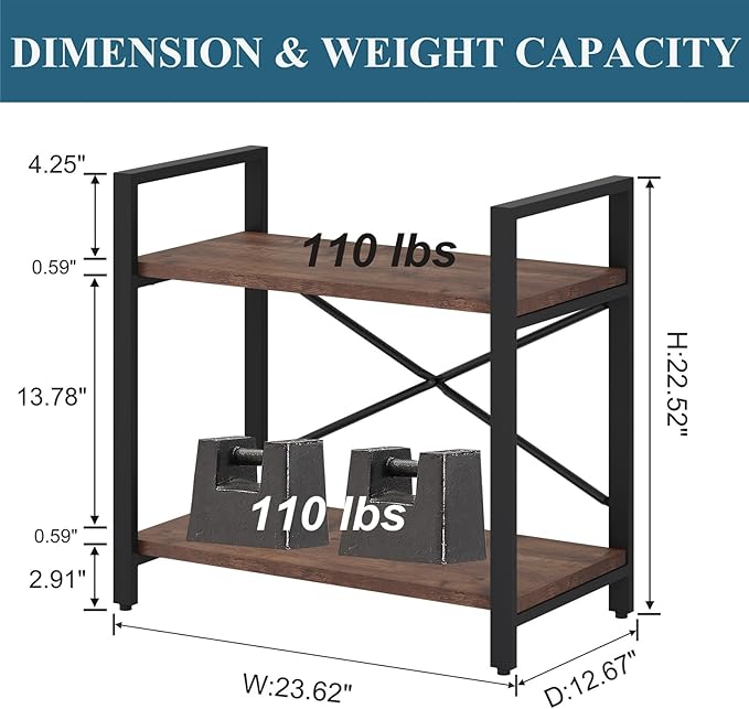 BON AUGURE Small Short Bookshelf, Wood 2 Shelf Etagere Bookcase, Metal Low Book Shelf for Small Spaces Living Room, Bedroom, Office (Rustic Oak)