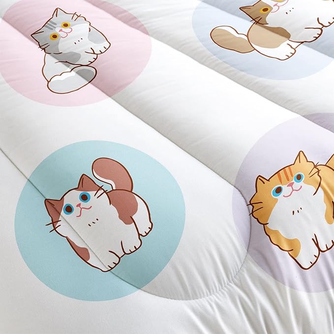Datura home White Kawaii Cat Comter Bedding Set Girls Kitten White Print Cute Animal Pattern Bedding Set with 1 Comter and 2 Pillowcases Girls Bedroom All Season(Cat White), Queen 90x90inches