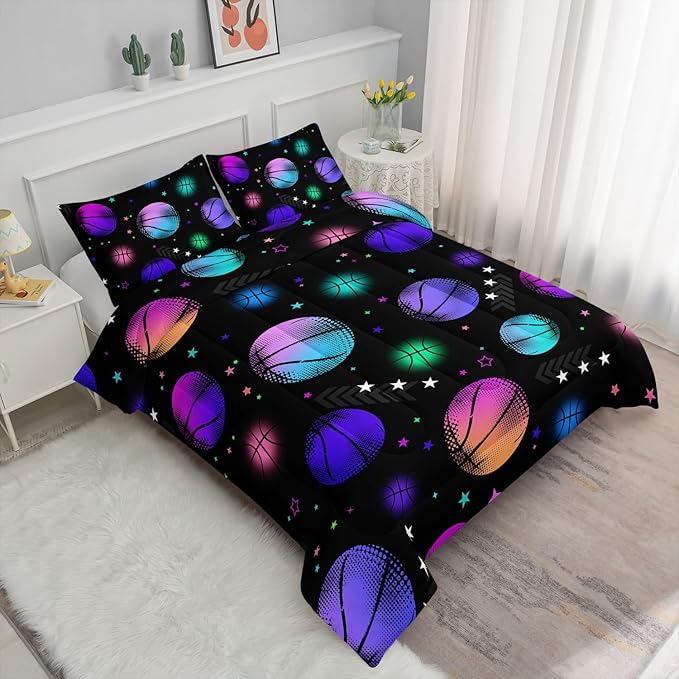 Datura home Kids Comforter Set Glowing Basketball Printed Pattern Bedding Set with 1 Comforter and 2 Pillowcases for Girls Boys Bedroom All Season(Basketball1 Twin)