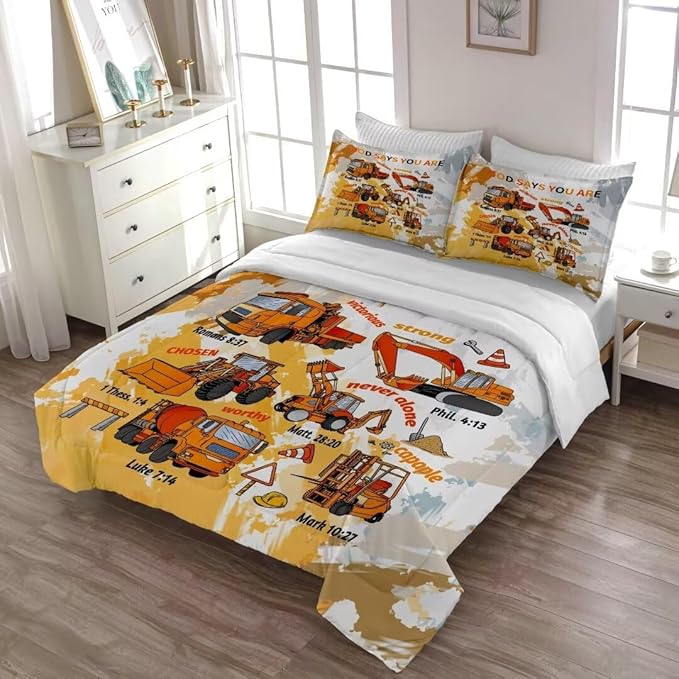 Kids Construction Vehicles Truck Comforter for Boys Full,Cartoon Car Excavator Tractor Bedding Set,Construction Christian Spirational Quotes Comforter with 2 Pillowcases Yellow