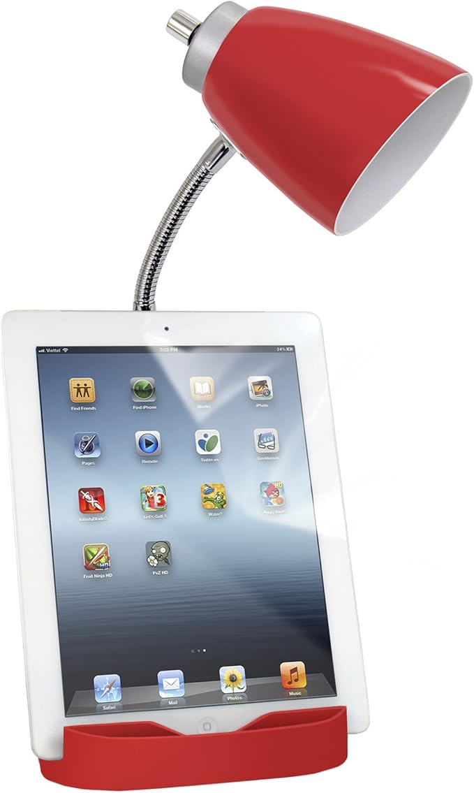 Simple Designs LD1056-RED Gooseneck Organizer Desk Lamp with iPad/Tablet Stand or Book Holder and USB Port, Red