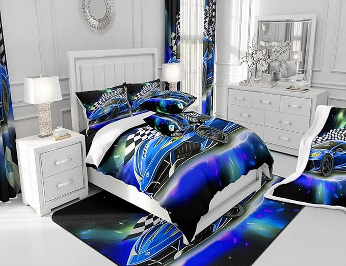 Blue Racing Car Comforter Set Full Size, Fast and Furious Extreme Sport Games Bedding Sets for Kids Boys Teens,Sports Car Bed in A Bag,Cool Modern Duvet Insert with 2 Pillowcases