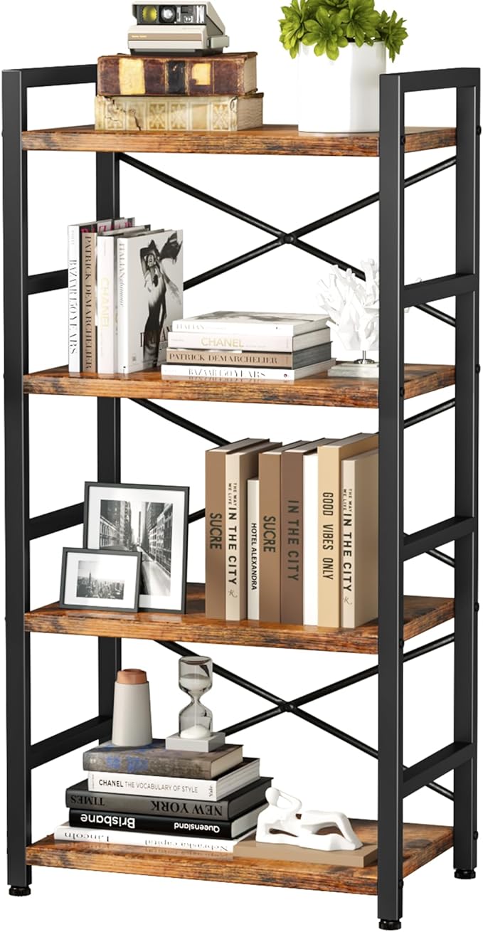 Bookshelf, 4 Tier Small Bookcase, Organizers and Storage, Metal Small Bookcase, Rustic Book Shelf Organization and Storage for Living Room, Bedroom, and Home Office(Rustic Brown)