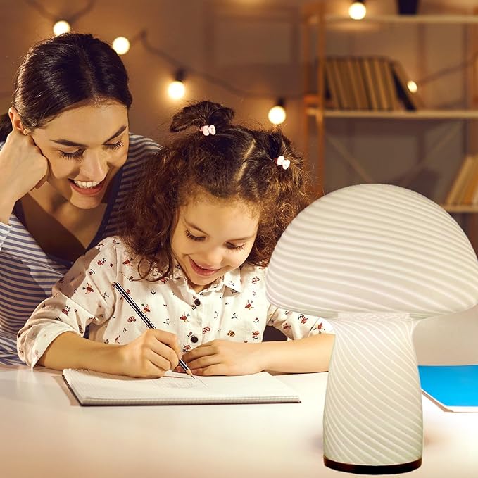 Mushroom Lamp,Glass Table Bedside Lamps,Translucent Vintage Style Striped Small Night Mushroom Decor Light for Ambient,Kids,Bedroom,Living,Gift (Stripe White)