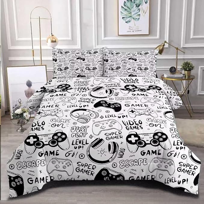 Gaming Comforter for Boys Teens,Game Bedding Sets Full,Kids Gamer Comforter Set,Video Game Bedroom Decor,Gamepad Controller Duvet Insert All Season 3 Piece 1 Comforter and 2 Pillowcases