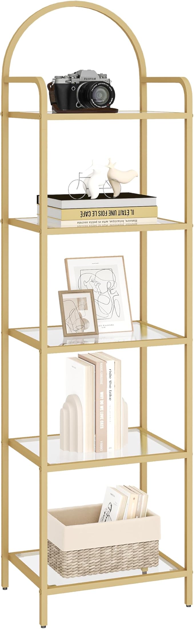 Bookcase Bookshelf, Tempered Glass Bookshelves, Slim Shelving Unit for Bedroom, Bathroom, Home Office, Steel Frame, 5 Tier Gold BC05001G