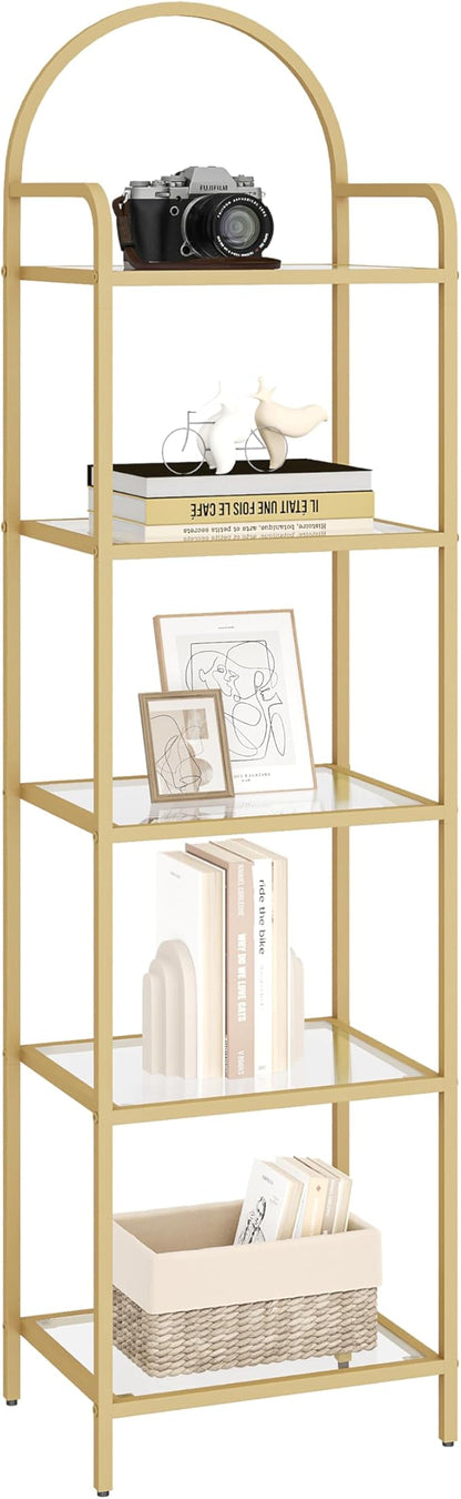 Bookcase Bookshelf, Tempered Glass Bookshelves, Slim Shelving Unit for Bedroom, Bathroom, Home Office, Steel Frame, 5 Tier Gold BC05001G