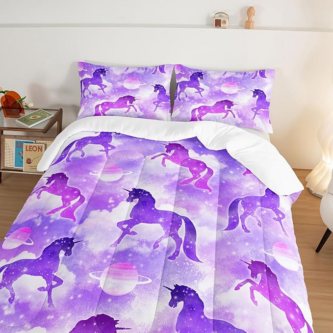 HOSIMA Purple Unicorn Bedding Sets for Girls Kids,3 Piece Soft Microfiber Galaxy Comforter Princess Crib Bedding Set Unicorn Bedroom Decor for Girls Room,Planet Cloud King Size Comforter Set.